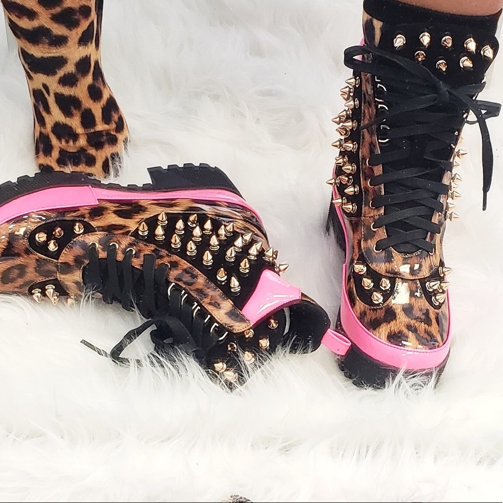 LIVE VAIN cheetah pink combat boots